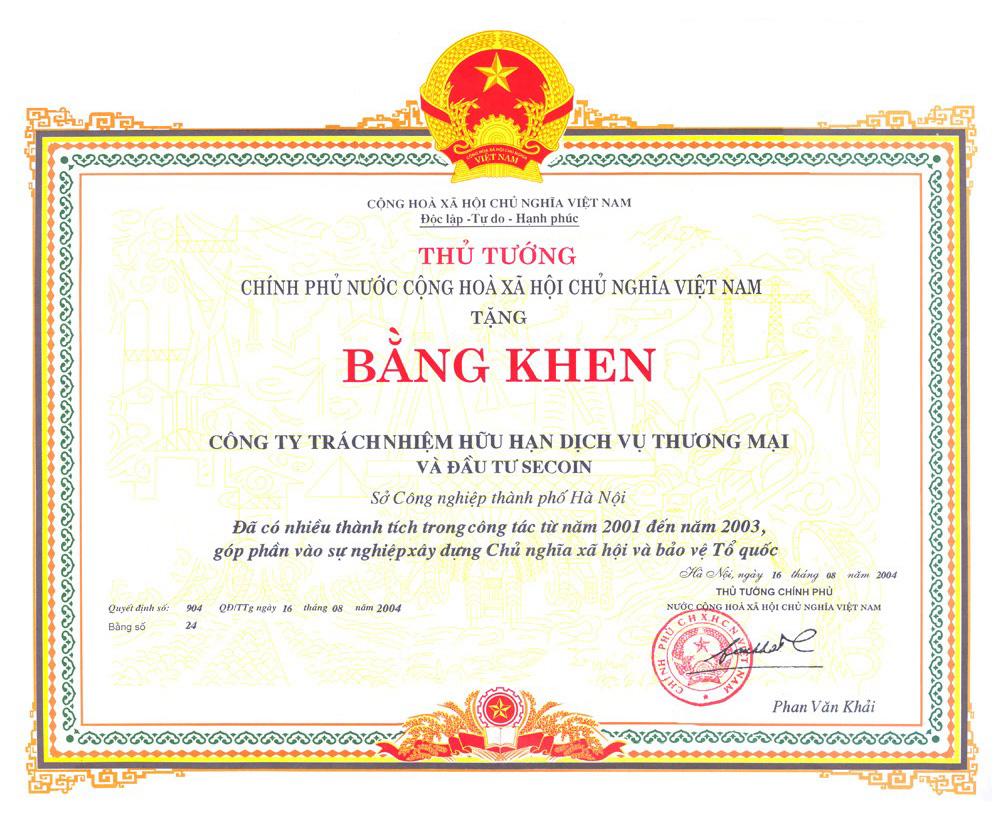 Certificate of Merits from Prime Minister