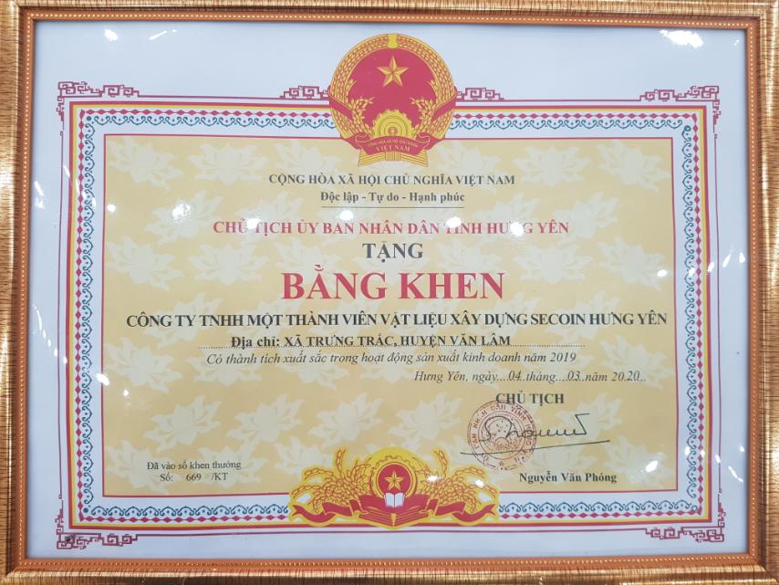 Secoin Hưng Yên vinh dự nhận bằng khen từ UBND tỉnh Hưng Yên