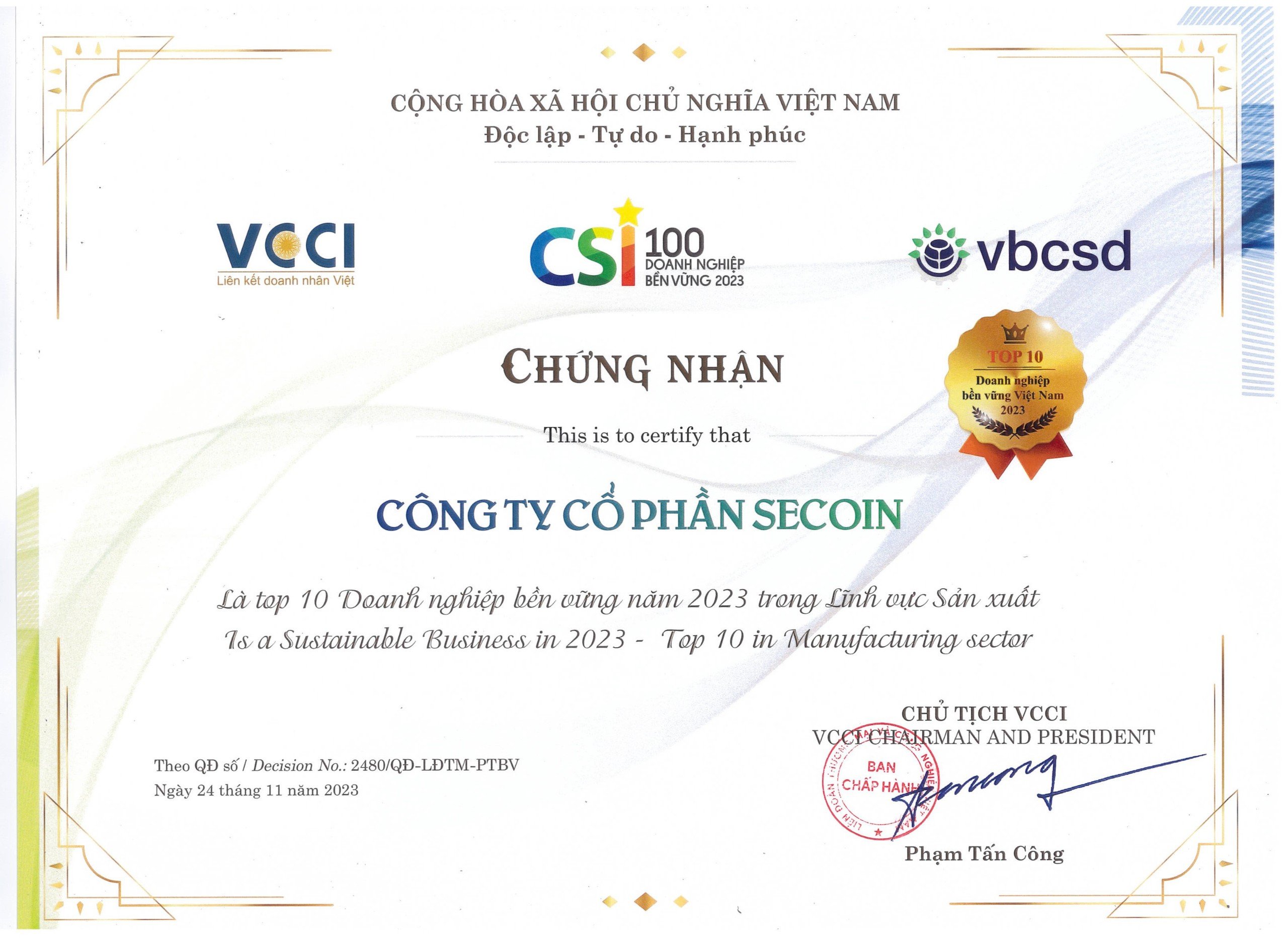 Chứng nhận Top 10 Doanh nghiệp bền vững năm 2023 trong lĩnh vực sản xuất