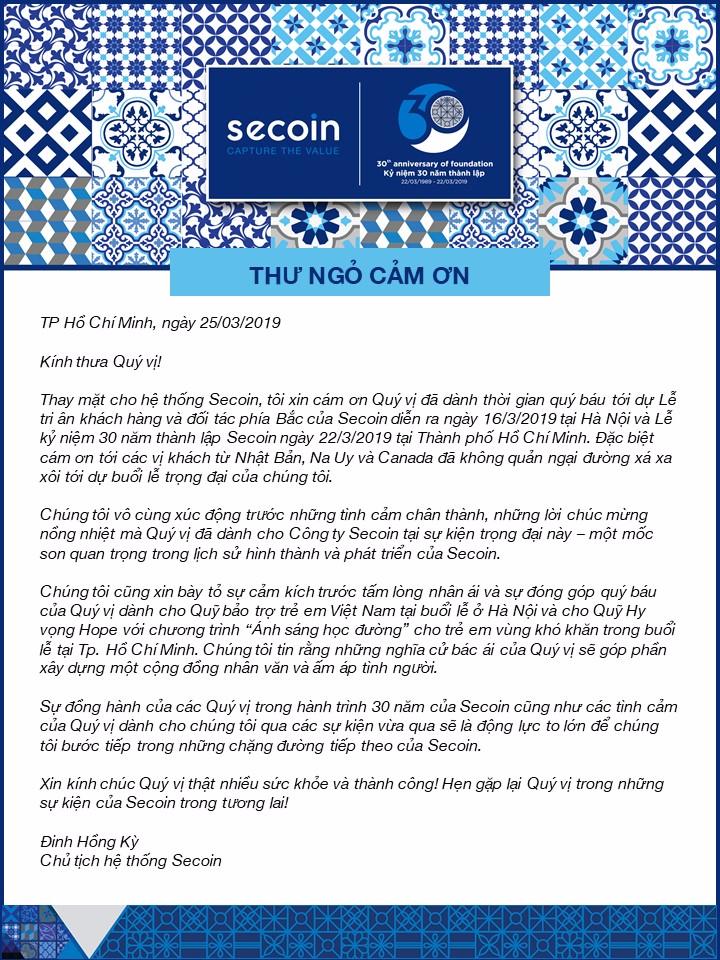 Secoin - Thư ngỏ cảm ơn của Chủ tịch sau lễ Kỷ niệm 30 năm