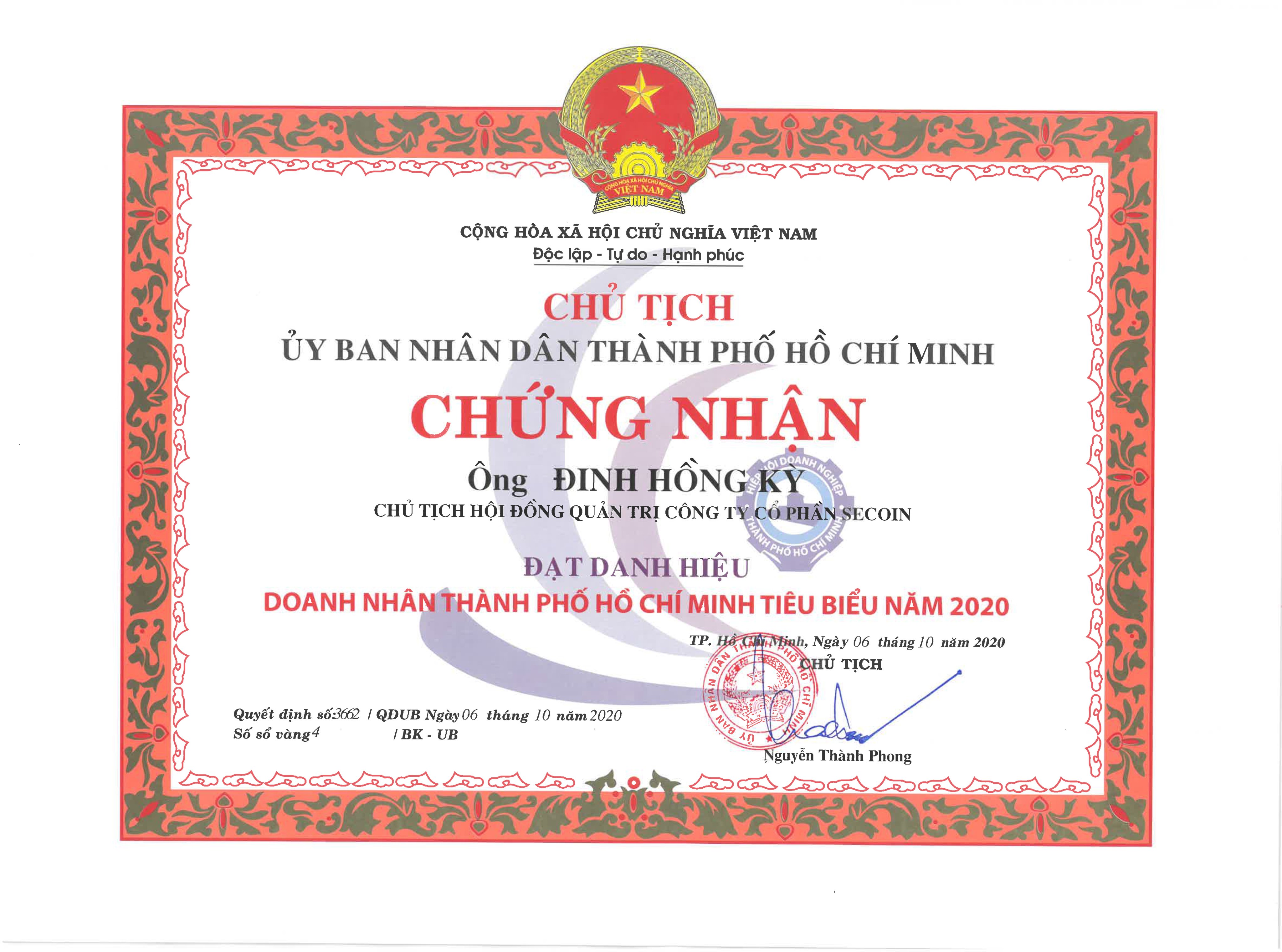 CHÚC MỪNG ÔNG ĐINH HỒNG KỲ NHẬN DANH HIỆU DOANH NHÂN TIÊU BIỂU TP. HCM NĂM 2020